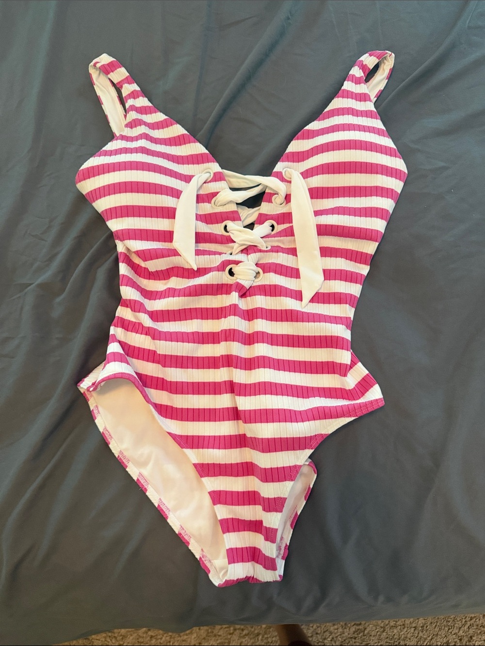 Southern Tide Pink and White Lace-Up One-Piece Swimsuit